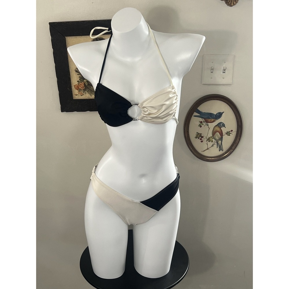 Swim by Los Angeles Apparel Black and Cream Colorblock Bikini Set Size S
